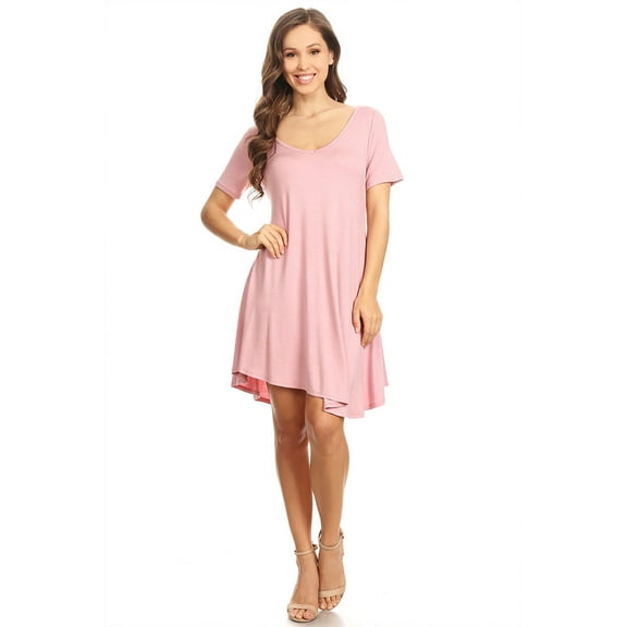Women's Relaxed Fit Knit Short A-Line Dress with V-Neck and Asymmetrical Hem