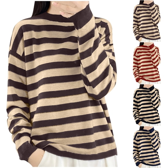 Women's Relaxed Fit Long Sleeve Crewneck Striped Knitted Sweater Pullover Top Casual Soft Comfy Daily Wear | CSEONE,Black L