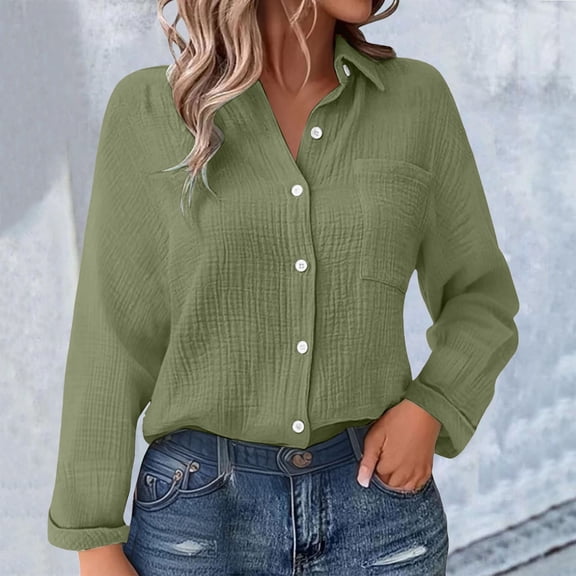 Women's Relaxed-Fit Long Sleeve Linen Shirt With Texture And Pocket WCJM Green Linen Shirt Women Long Graphic Tees For Women