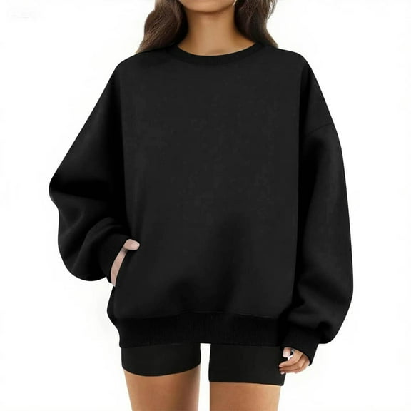Women’s Relaxed Fit Long Sleeve Sweatshirt Cotton Blend Pullover Crewneck Casual O-Neck Top Lightweight Blouse for Autumn Winter Fashion Black