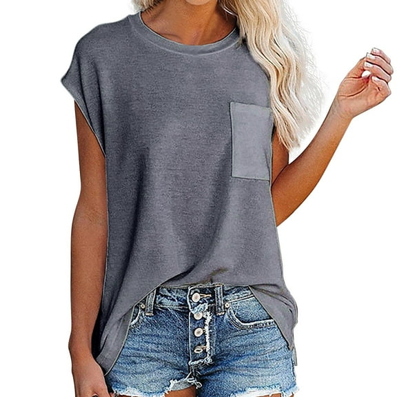 Women's Relaxed Fit Pocket T-Shirt – Casual Loose Short Sleeve Blouse, Round Neck Solid Color Basic Tee | Yubnlvae (Gray 2 | M)