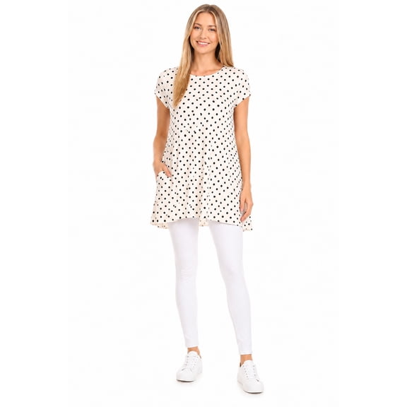 Women's Short Sleeve Polka Dot Round Neck Casual Pockets Blouse Top