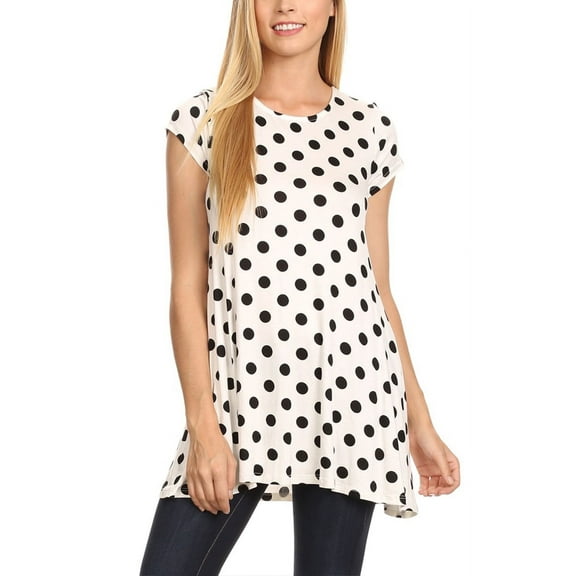 Women's Relaxed Fit Short Sleeve Polka Dot Round Neck Casual Pockets Blouse Top