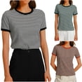 thumbnail image 1 of Women's Relaxed Fit Short Sleeve Striped Colorblock Round Neck Top Shirts Comfy Breathable Versatile Casual Daily Wear Weekends | CSEONE,Black L, 1 of 5