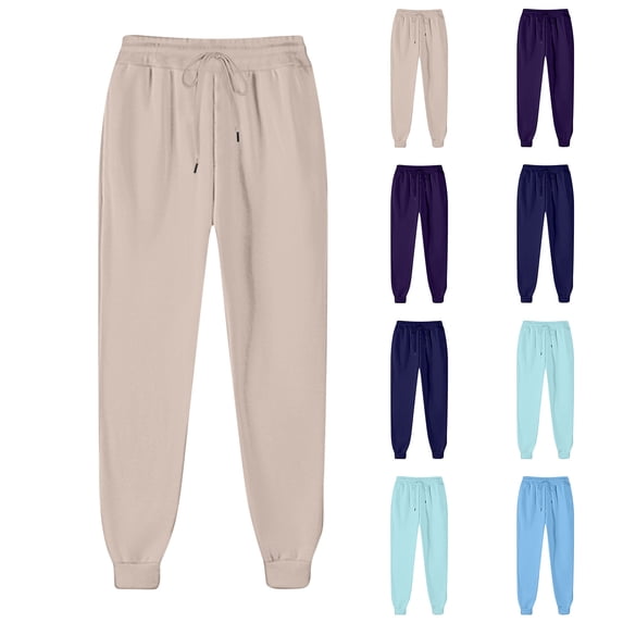 Women's Relaxed Fit Sweatpants Elastic Waist Design with Side Pockets, Solid Color Lounge Pants, Home & Travel Wear | VerBelle,Beige L