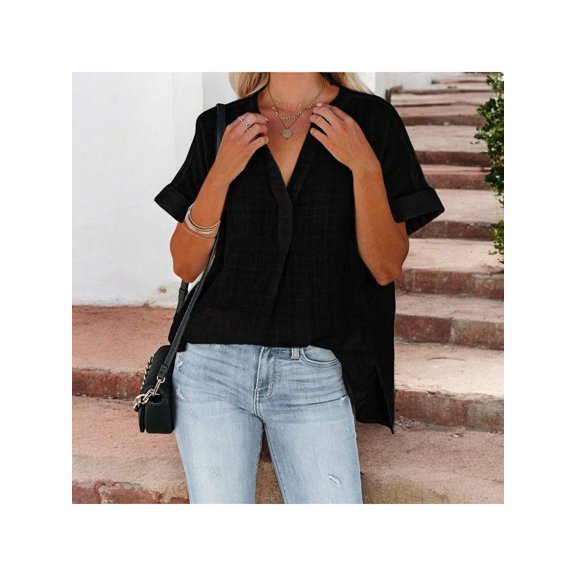 Women's Relaxed Fit V-Neck Short Sleeve Top with Cuffed Sleeves Lightweight Loose Casual Blouse- Small, Black