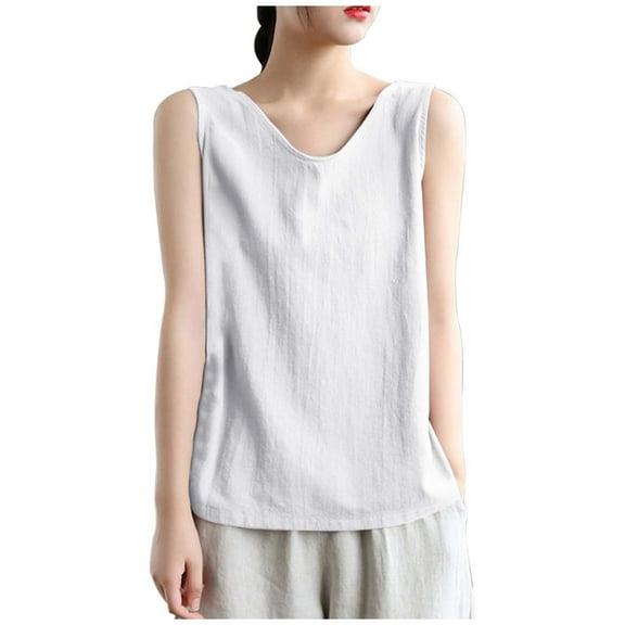 Women's Relaxed Fit V-Neck Sleeveless Linen Tank Top, Solid Cotton Linen Design, Plus Size Loose Style for Summer Casual Wear,Size M