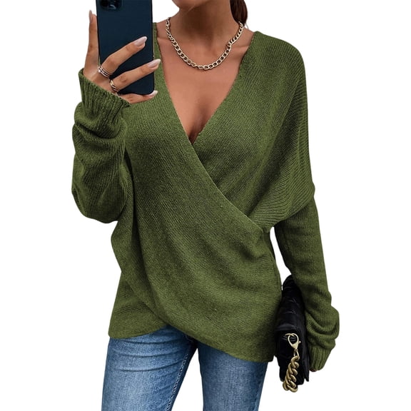 Women's Relaxed Loose Crossover V-Neck Long-Sleeved Pullover Knit Sweater for Comfortable and Stylish Everyday Outfits,Army Green,XL