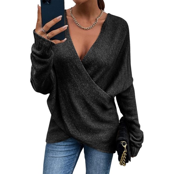 Women's Relaxed Loose Crossover V-Neck Long-Sleeved Pullover Knit Sweater for Comfortable and Stylish Everyday Outfits,Black,S