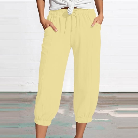Women's Relaxed Soft Capri Lantern Pants, High Waist Drawstring Elastic Waist Side Pocket Loose Harem Jogger Cuffed Hem Cropped Mid Calf Casual Daily Bottoms, Yellow S