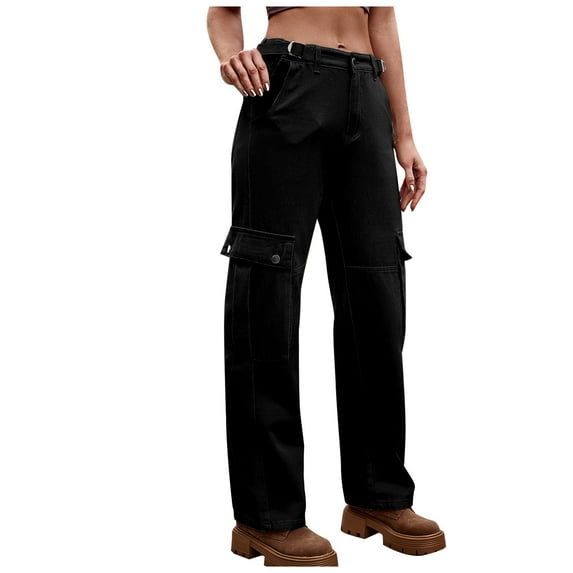 Women's Relaxed Straight Leg Pants High Waist Wide Leg Loose Fit Cargo Jeans Utility Casual Denim Cargo Outdoor Pants