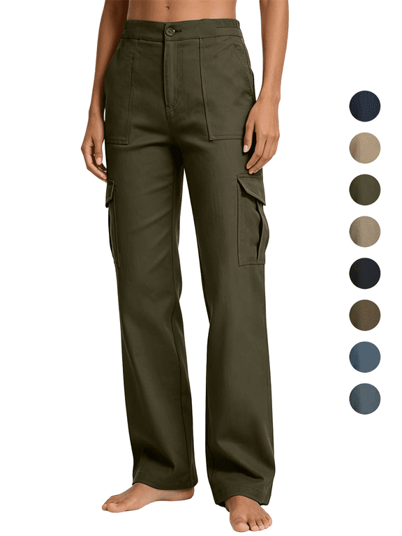 Women's Relaxed Straight Work Pants High Waisted Cotton Twill Cargo Pants Women with Multiple Pockets Button for Work to Weekend