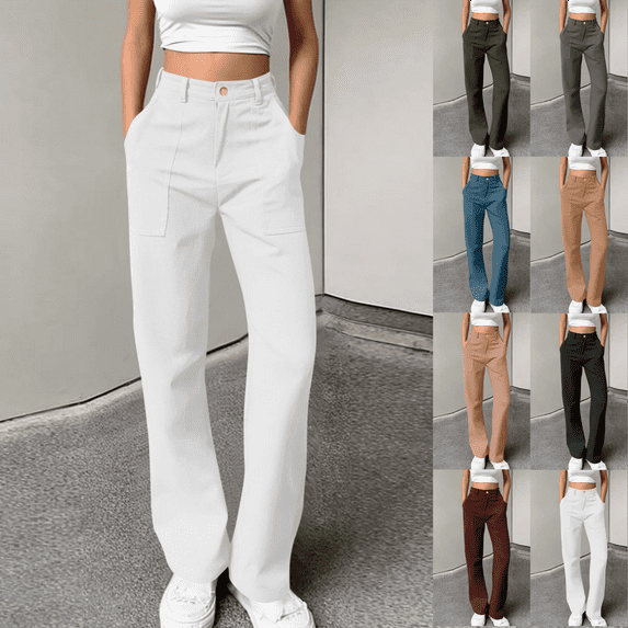 Women's Relaxed Straight Work Pants High Waisted Cotton Twill Cargo Pants Women with Multiple Pockets Button for Work to Weekend