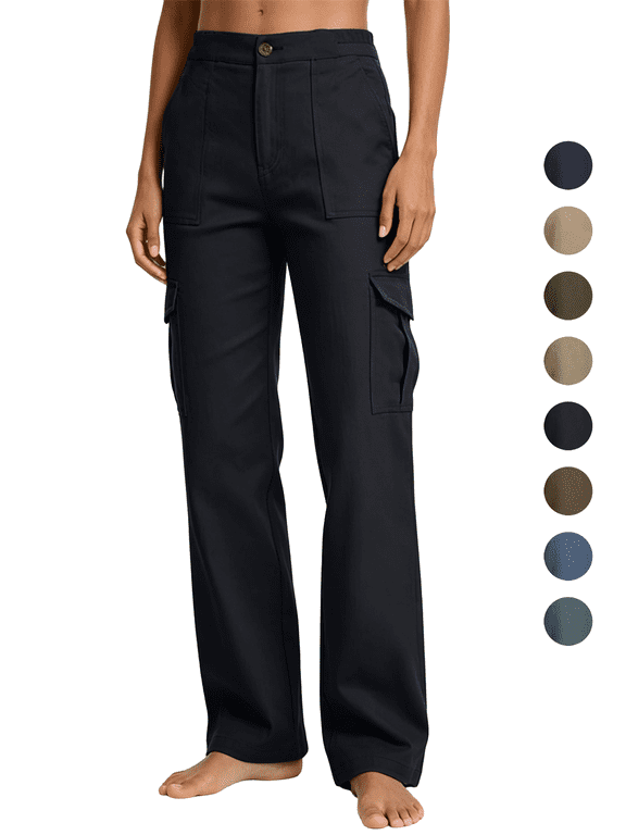 Women's Relaxed Straight Work Pants High Waisted Cotton Twill Cargo Pants Women with Multiple Pockets Button for Work to Weekend