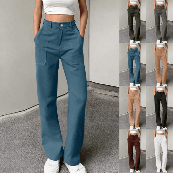 Women's Relaxed Straight Work Pants High Waisted Cotton Twill Cargo Pants Women with Multiple Pockets Button for Work to Weekend