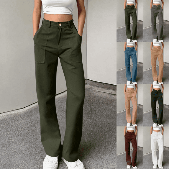 Women's Relaxed Straight Work Pants High Waisted Cotton Twill Cargo Pants Women with Multiple Pockets Button for Work to Weekend