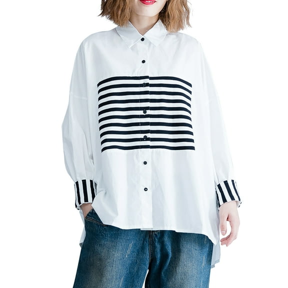 Women's Relaxed Striped Button-Up Long-Sleeve Cotton Blouse Shirt GA2075 White
