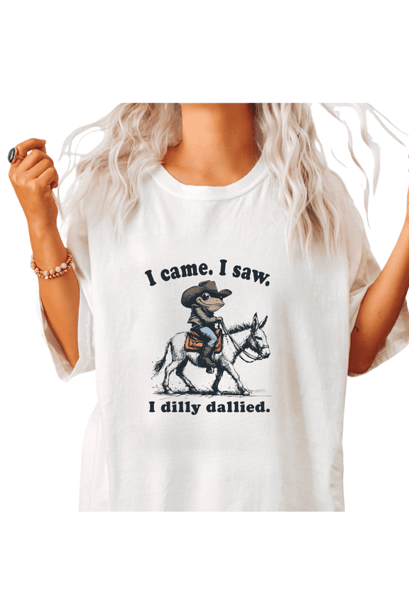 Women's Relaxed Trendy "I Came. I Saw. I Dilly Dallied." Cowboy Frog Graphic Casual T Shirt Short Sleeve Round Neck Top White S-5XL