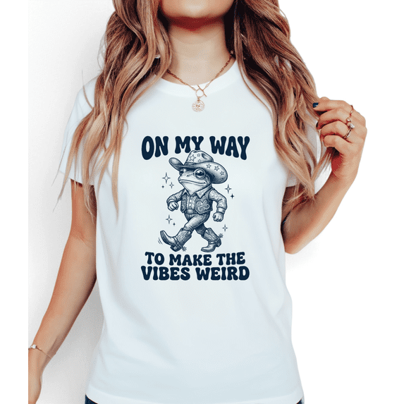Women's Relaxed Trendy "On My Way To Make The Vibes Weird" Cowboy Frog Graphic T Shirt Short Sleeve Round Neck Top White S-5XL