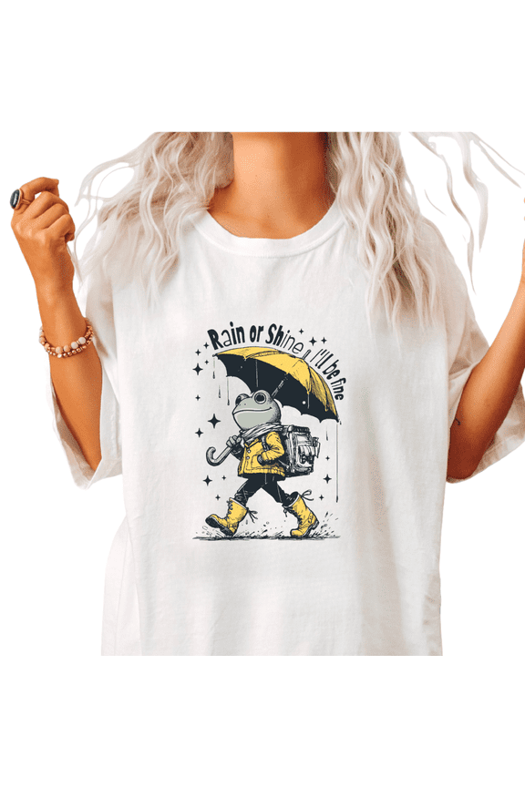 Women's Relaxed Whimsical "Rain or Shine I'll Be Fine" Umbrella Frog Graphic Casual T Shirt Short Sleeve Round Neck Top White S-5XL