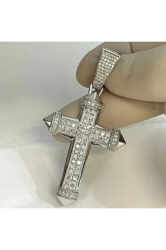 Women's Religious Cross Pendant 18" Free Chain 14K White Gold Finish 925 Silver 2Ct Round Cut VVS1/D Diamond