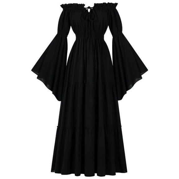 Women's Renaissance Dress Bell Sleeve Elastic Tiered Flowy Long Dresses Off Shoulder Cottagecore Floor Length Dress