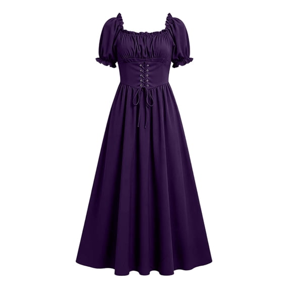 Women's Renaissance Dress Medieval Gothic Lace-Up Dresses Puff Sleeve Fairy Retro Gown Peasant Dresses