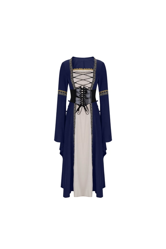 Women's Renaissance Dress Medieval Gown Trumpet Sleeves Victorian Faire Costume with Shapewear Dark Blue L