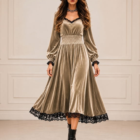 Women's Renaissance Dress Velvet Evening Gown, V-Neck Long Sleeve Medieval Dress with Lace Panel Detailing Khaki Xl
