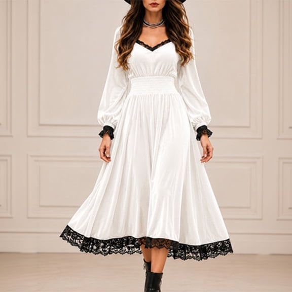 Women's Renaissance Dress Velvet Evening Gown, V-Neck Long Sleeve Medieval Dress with Lace Panel Detailing White 2Xl