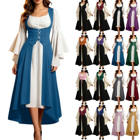 Women's Renaissance High-Low Hem Maxi Dress - Medieval Color Block Lace-Up Gown with Bell Sleeves and Square Neck, Halloween Theme Party Costume