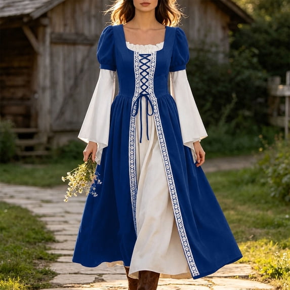 Women's Renaissance Medieval Dress Square Neck Flare Sleeve Maxi Gown Vintage Irish Peasant Dress Lace-up Waist Halloween Costume Cosplay Fair Festival Party Wear
