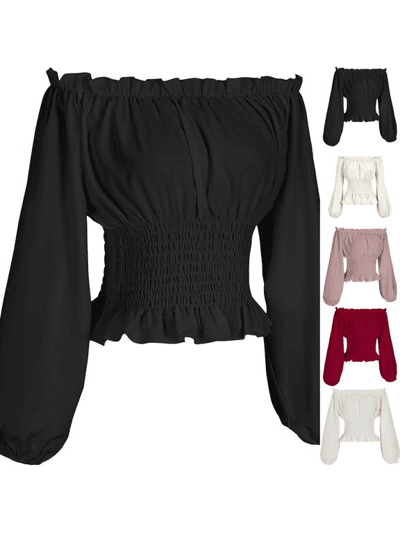 Women's Renaissance Peasant Blouse Lace off Shoulder Tops Puff Long Sleeves Smocked Waist Boho Cottagecore Cute Fall Soft Breathable Black S