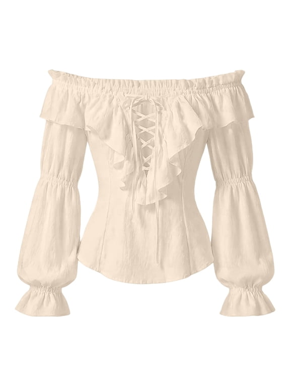 Women’s Renaissance Peasant Blouse Off Shoulder Bell Sleeve Top Medieval Pirate Corset Shirt for Ren Faire Cottagecore