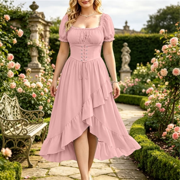 Women's Renaissance Peasant Dress High-Low Ruffle Hem Medieval Pirate Wench Costume with Lace-Up Corset Waist Puff Sleeve Cosplay Halloween Outfit