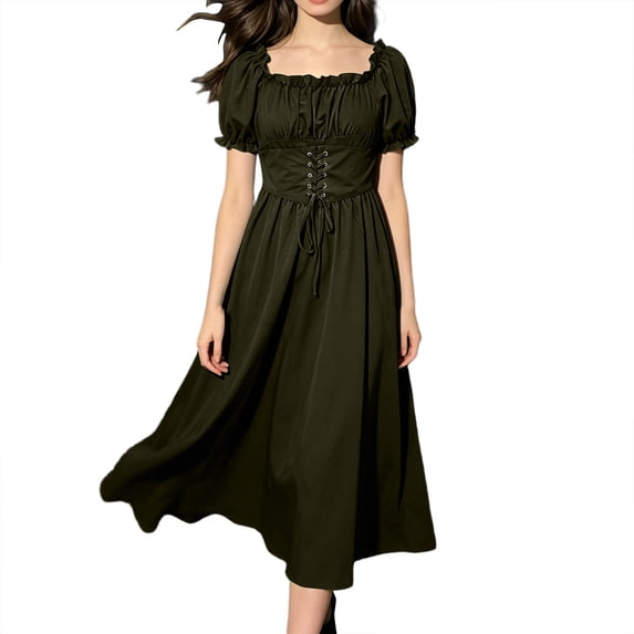 Women's Renaissance Peasant Dress Short Puff Sleeve Square Neck Lace Up Corset Vintage Medieval Irish Wench Maxi Dress for Halloween Cosplay Festival