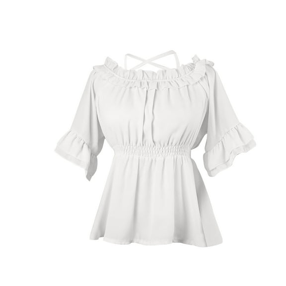 Women's Renaissance Off Shoulder Puff Sleeve Loose Smocked Blouse, Short Sleeve One Shoulder Top, Casual and Stylish Fashionable Shirt for Outdoor Events, Parties, and Everyday Wear