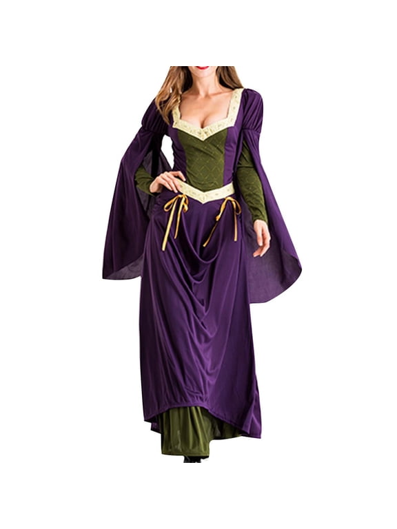 Women's Renaissance Trumpet Sleeve Princess Dress Lace Up Floor Length Victorian Vintage Medieval Ball Gown Costume