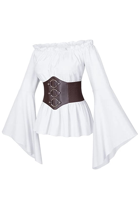 Women's Renaissance Victorian Peasant Ruffle Smocked Waist Halloween Boho Pirate Shirt Blouse Cos with Belt Set
