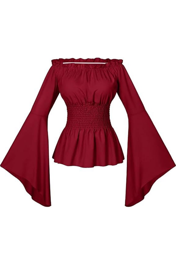 Women's Renaissance Victorian Peasant Ruffle Smocked Waist Halloween Boho Pirate Shirt Blouse