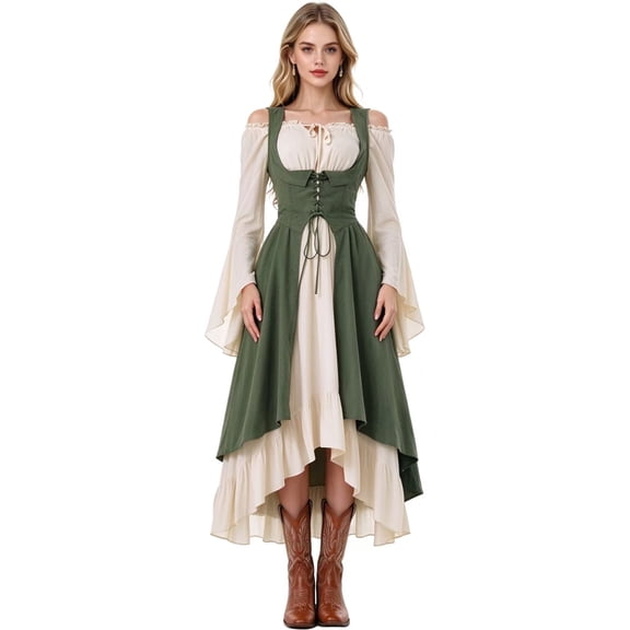 Women's Renaissance and Medieval Dresses, Women's Plus-Size Off-the-Shoulder Bell-Sleeve Long-Sleeve Renaissance Festival Dress
