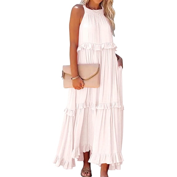 Women's Resort Style Ruffled Long Dress Round Neck Sleeveless Flowy Beach Dress with Pockets Galib. M