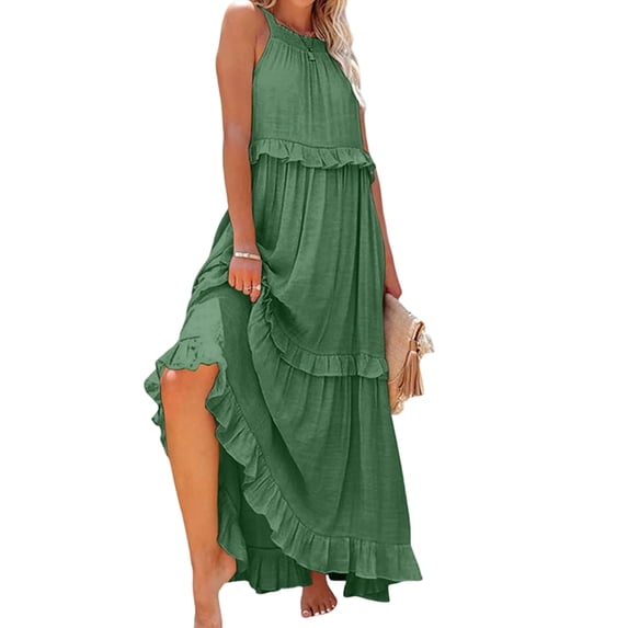 Women's Resort Style Ruffled Long Dress Round Neck Sleeveless Flowy Beach Dress with Pockets Green Calabash S