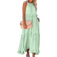 thumbnail image 1 of Women's Resort Style Ruffled Long Dress Round Neck Sleeveless Flowy Beach Dress with Pockets Mint Green Calico L, 1 of 7