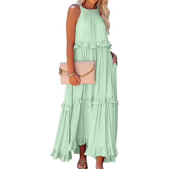 Women's Resort Style Ruffled Long Dress Round Neck Sleeveless Flowy Beach Dress with Pockets Mint Green Calico L