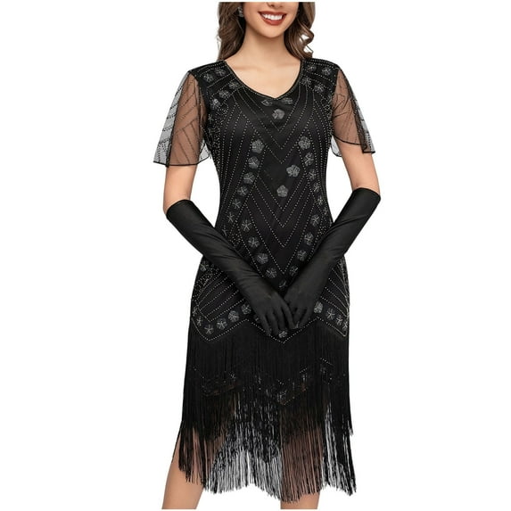 Women's Retro 1920s Sequins Flapper Dress Floral Lace V Neck Vintage Fringed Evening Party Cocktail Dresses