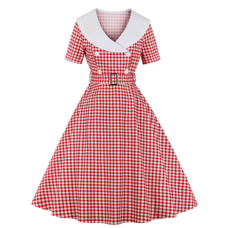 Women's Retro 1950s Cocktail Dress Lapel Button Plaid Short Sleeve A Line  Swing Midi Prom Tea Dresses with Belt - Walmart.com