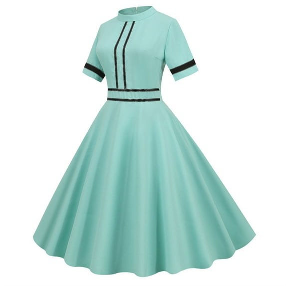 Women's Retro 1950s Prom Dress Vintage Crewneck Short Sleeve Cocktail Dress A-Line Swing Midi Homecoming Dresses