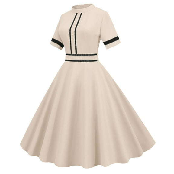 Women's Retro 1950s Prom Dress Vintage Crewneck Short Sleeve Cocktail Dress A-Line Swing Midi Homecoming Dresses