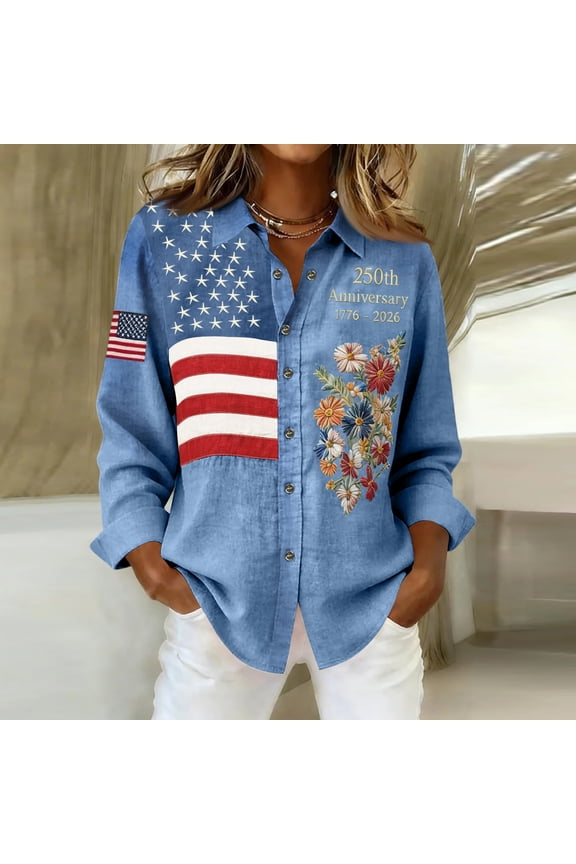 Women's Retro 250Th Anniversary Print Shirt Floral American Flag Eagle Tshirt